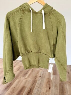NWT Daily Practice Anthropologie Cropped Hoodie XXS Olive Green Acid Wash